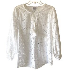 Chicos White Eyelet Tassel Tie Neck Long Sleeve Tunic Blouse Top Size 8‎
